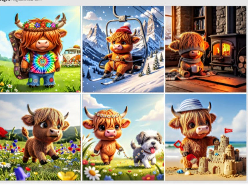 Release Paper, Highland Cow, 24 sections, 4x4, choice of Overlay