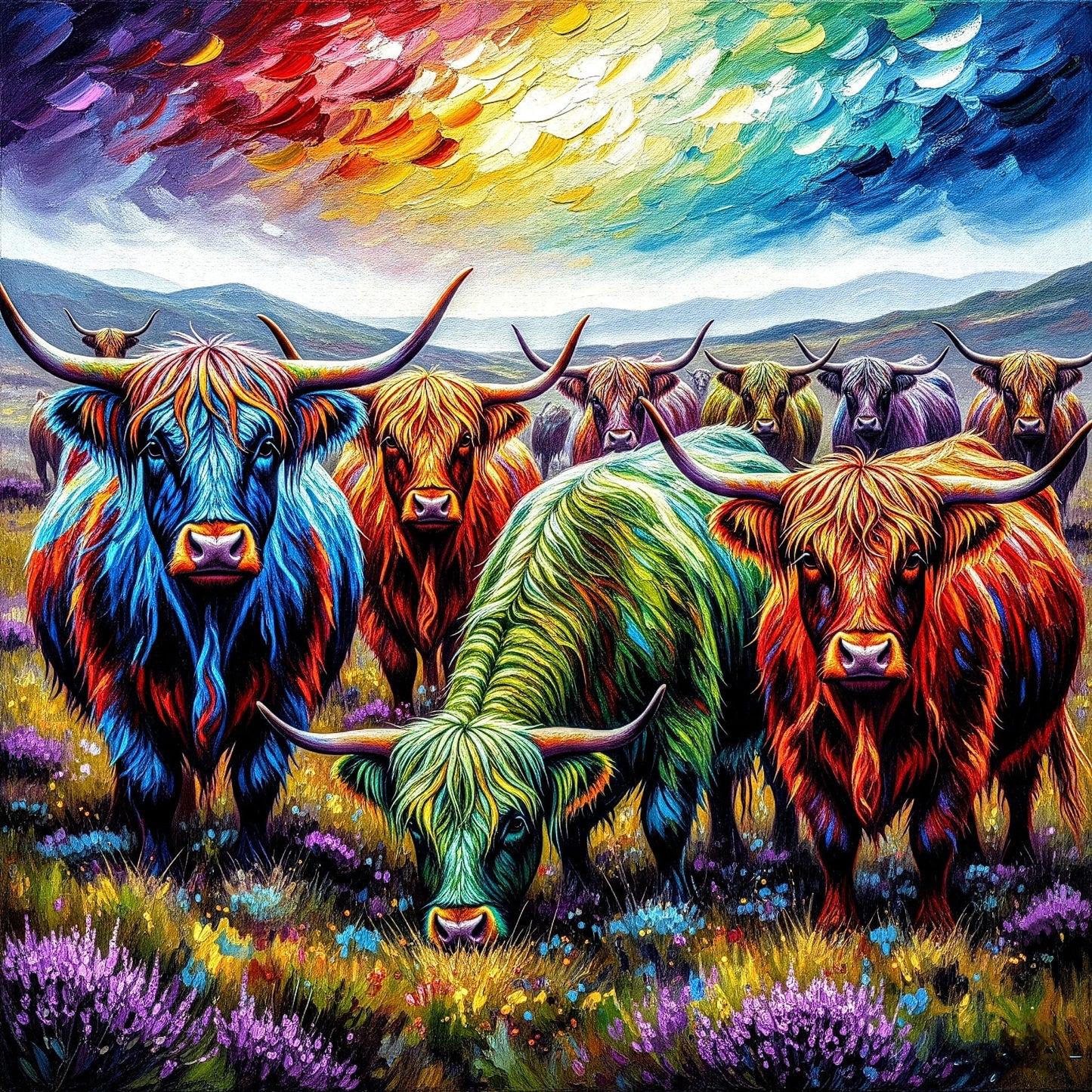 Release Paper, Vibrant Highland Cows, 24 4x4 sections, choice of Overlay