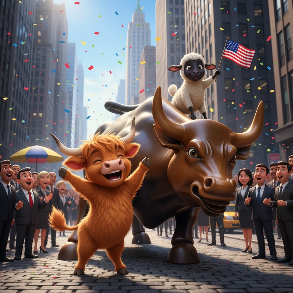 Release Paper, Buddy the Highland Cow, & Snowball the Lamb visit New York, 24 sections 4x4, with choice of Overlay