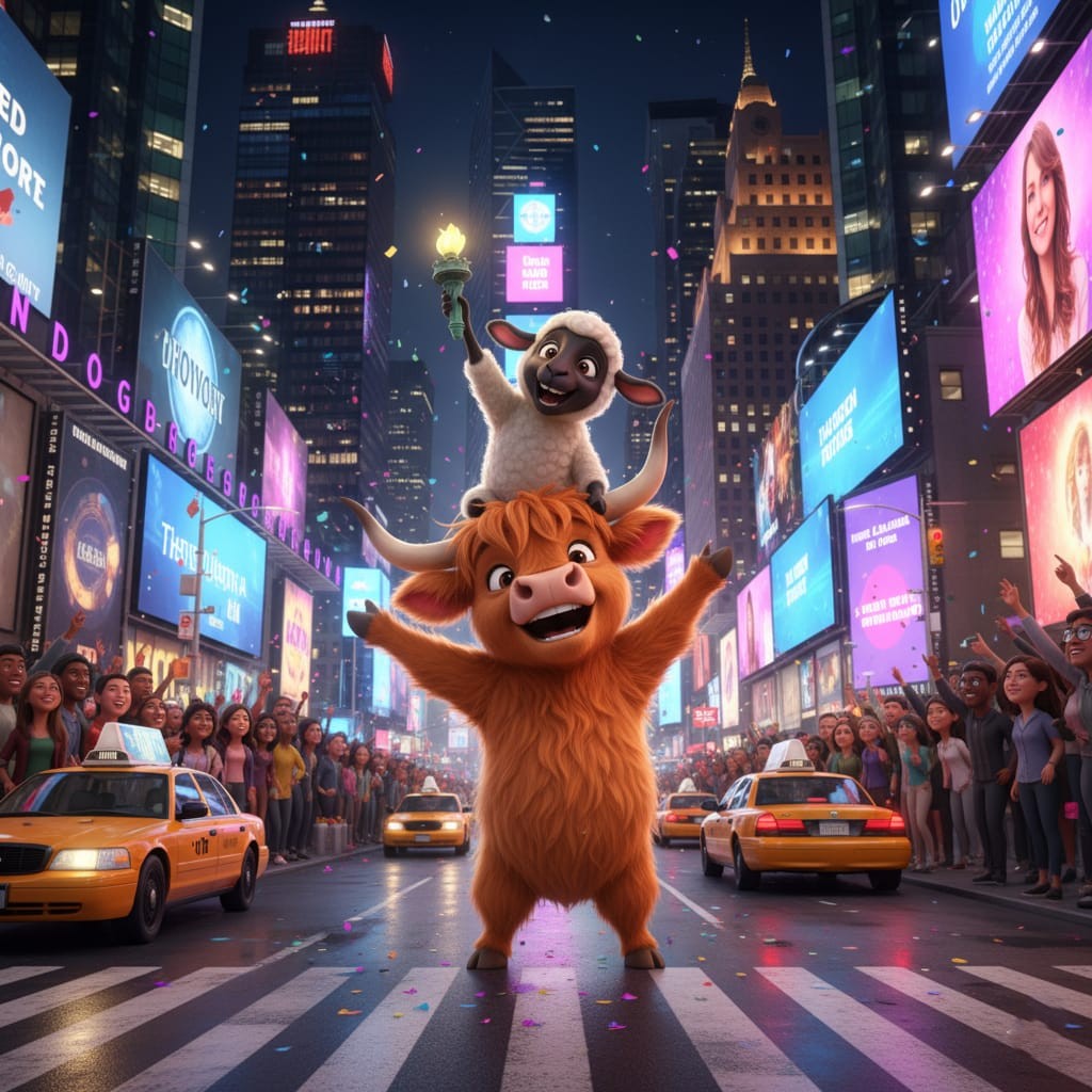 Release Paper, Buddy the Highland Cow, & Snowball the Lamb visit New York, 24 sections 4x4, with choice of Overlay