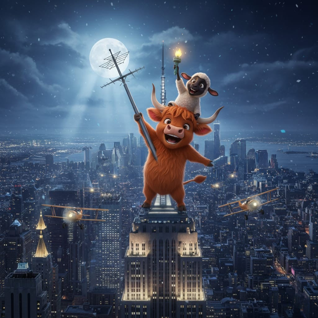 Release Paper, Buddy the Highland Cow, & Snowball the Lamb visit New York, 24 sections 4x4, with choice of Overlay