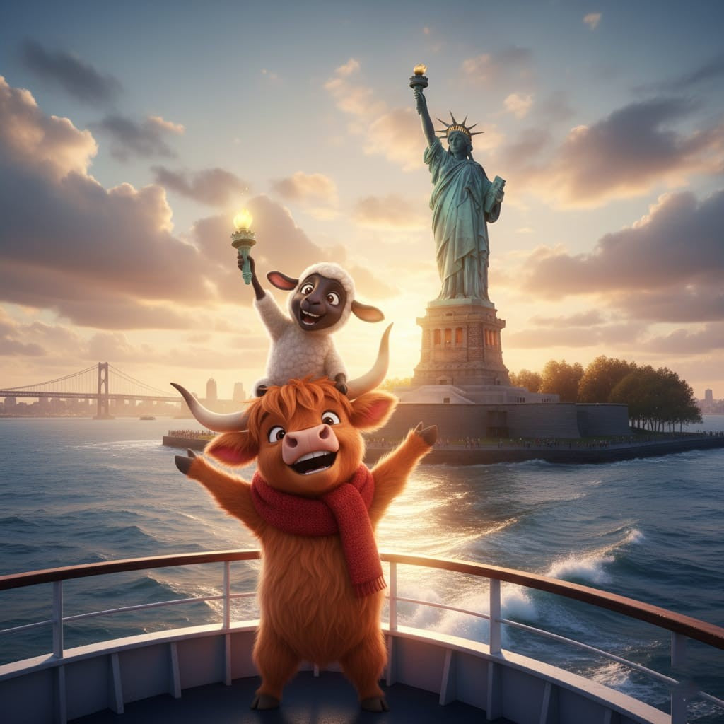 Release Paper, Buddy the Highland Cow, & Snowball the Lamb visit New York, 24 sections 4x4, with choice of Overlay