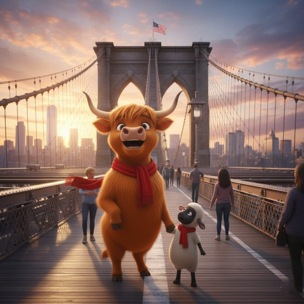 Release Paper, Buddy the Highland Cow, & Snowball the Lamb visit New York, 24 sections 4x4, with choice of Overlay