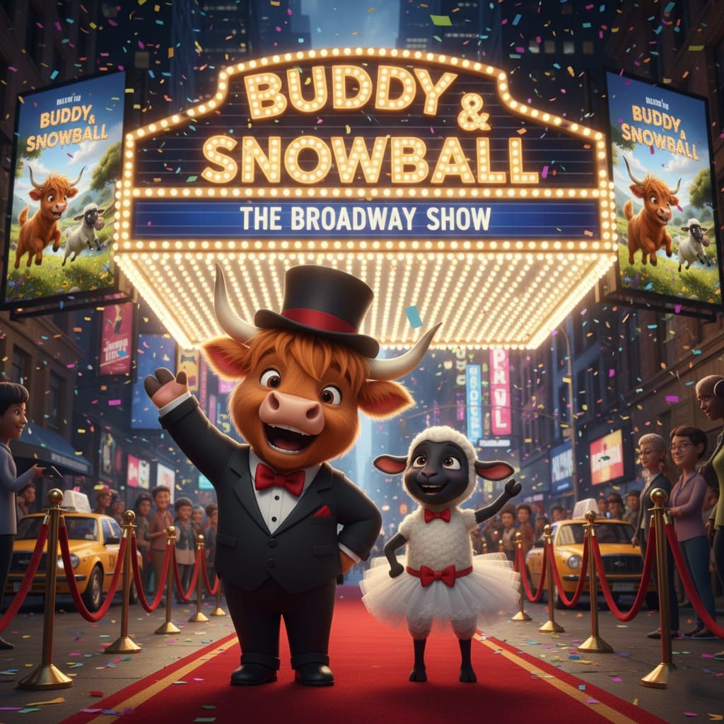 Release Paper, Buddy the Highland Cow, & Snowball the Lamb visit New York, 24 sections 4x4, with choice of Overlay