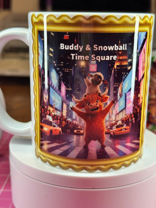 Buddy & Snowball, the visit to Time Square, Highland Cow & Lamb, 11oz mug