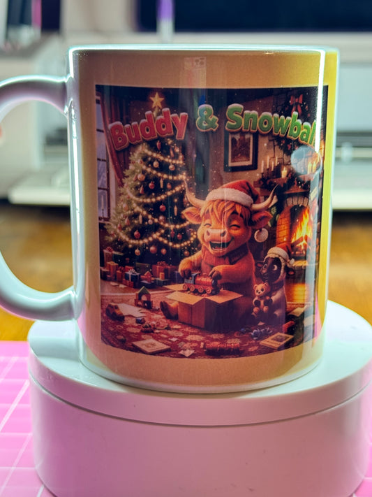 Buddy & Snowball, Christmas Morning, Highland Cow & Lamb, 11oz Mug
