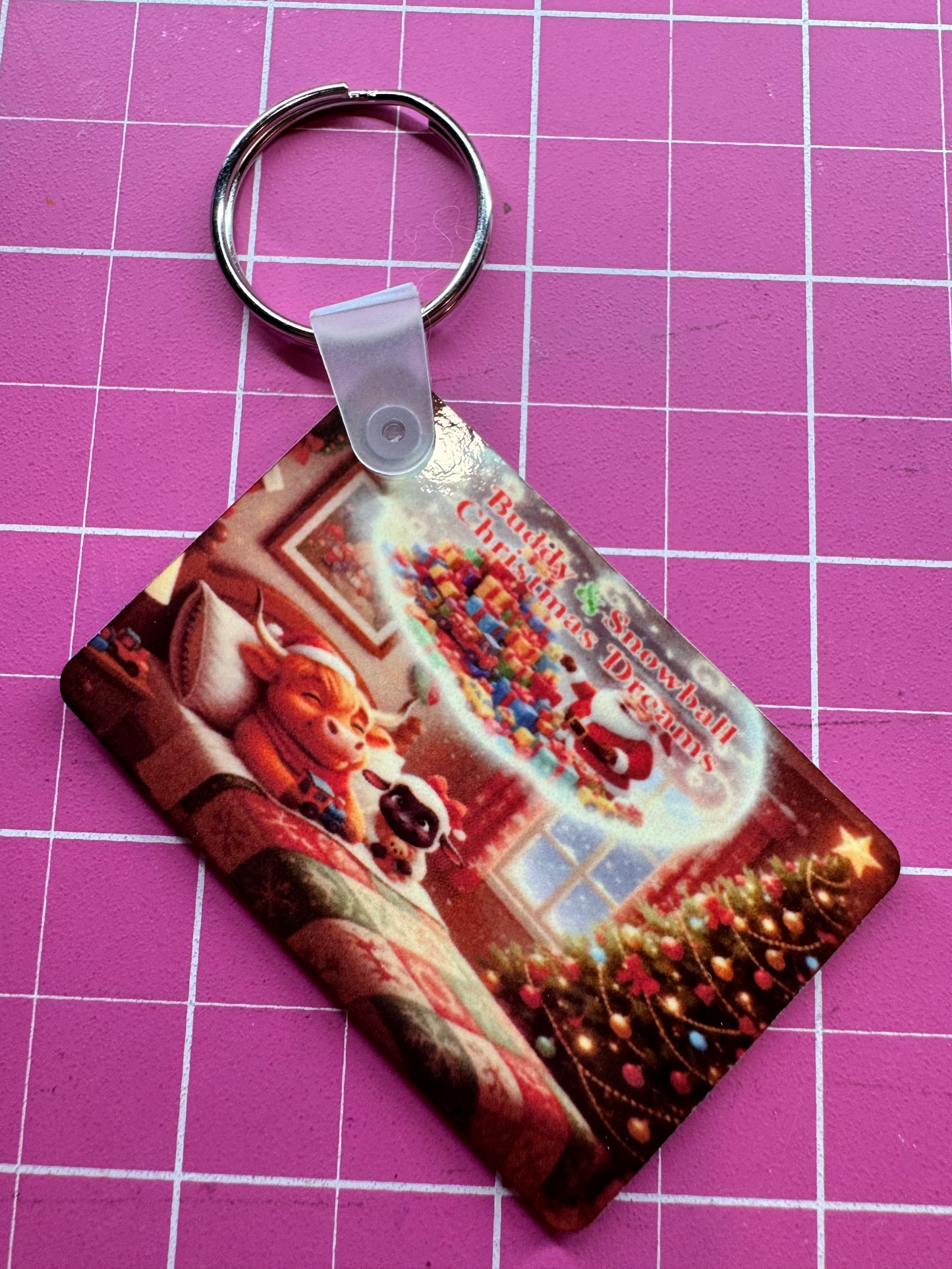 Buddy & Snowball Christmas Morning, Highland Cow & Snowball Key Ring