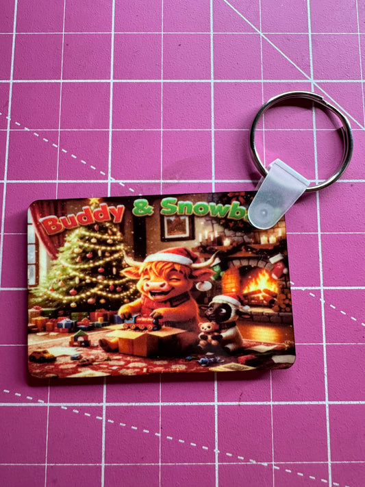 Buddy & Snowball Christmas Morning Keyrings, Highland Cow & Lamb