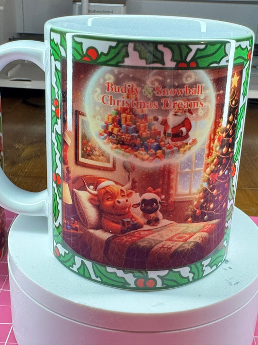 Buddy & Snowball, Christmas Dreams Mug 11oz (Highland cow & Lamb)