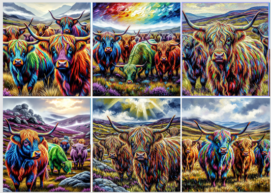 Release Paper, Vibrant Highland Cows, 24 4x4 sections, choice of Overlay