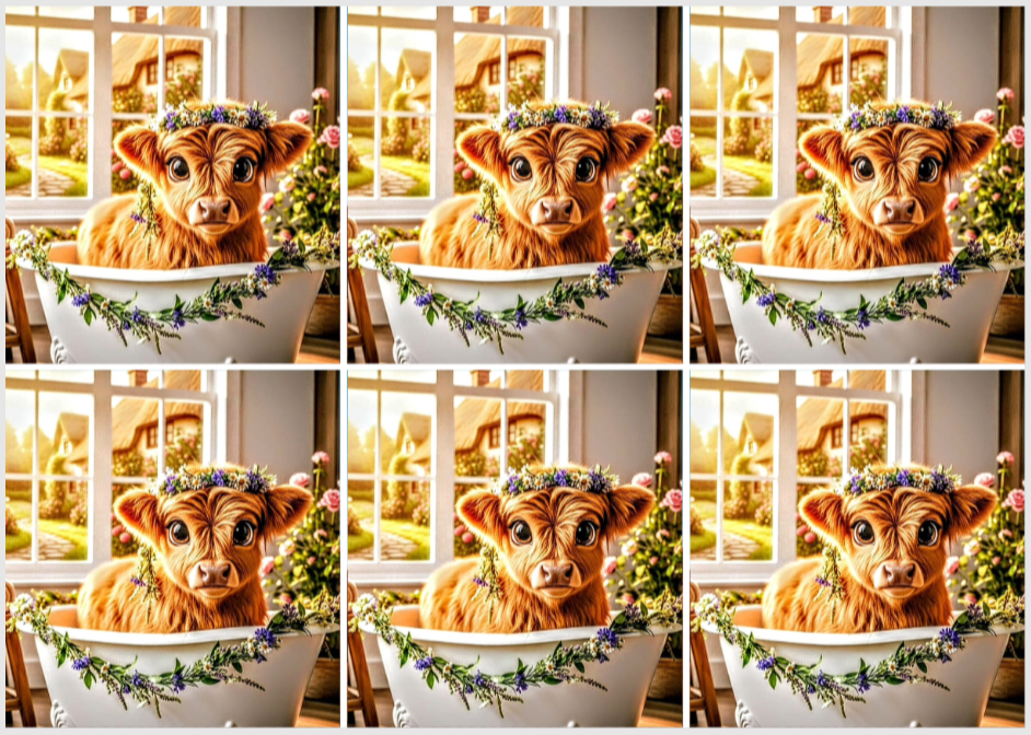 Release Paper, Highland Cow, Bathtime fun, 4x4, 24 sections, choice of Overlay