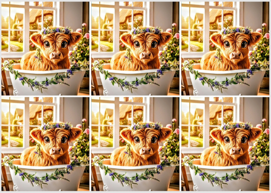 Release Paper, Highland Cow, Bathtime fun, 4x4, 24 sections, choice of Overlay