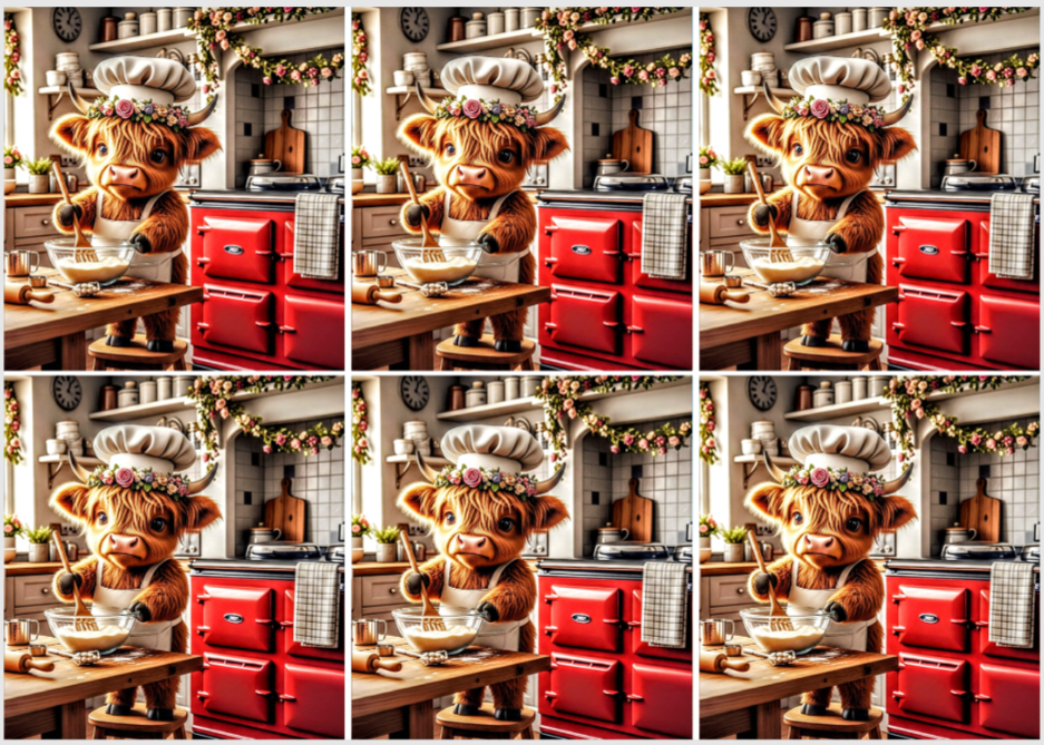 Release Paper, Highland Cow Country Kitchen, 24 4x4 sections, choice of Overlay