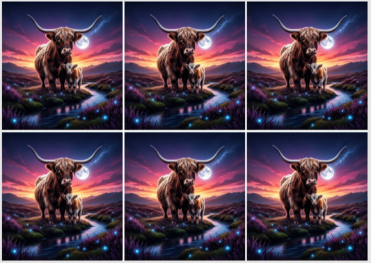 Release Paper, Highland Haven, featuring beautiful Highland Cows, 24 sections 4x4, with choice of overlay