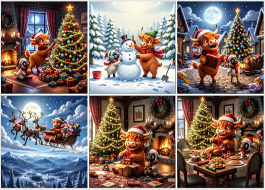 Release Paper, 24 4x4 sections, Buddy & Snowball, the Highland Cow and Sheep, Christmas Joy, with choice of Overlay