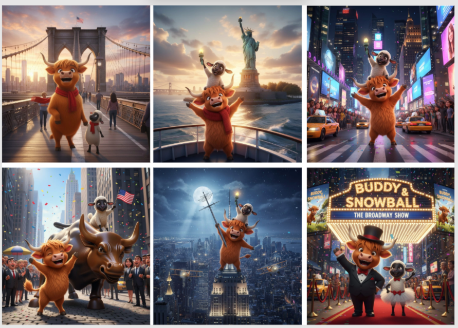 Release Paper, Buddy the Highland Cow, & Snowball the Lamb visit New York, 24 sections 4x4, with choice of Overlay