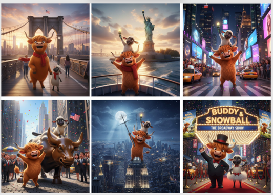 Release Paper, Buddy the Highland Cow, & Snowball the Lamb visit New York, 24 sections 4x4, with choice of Overlay