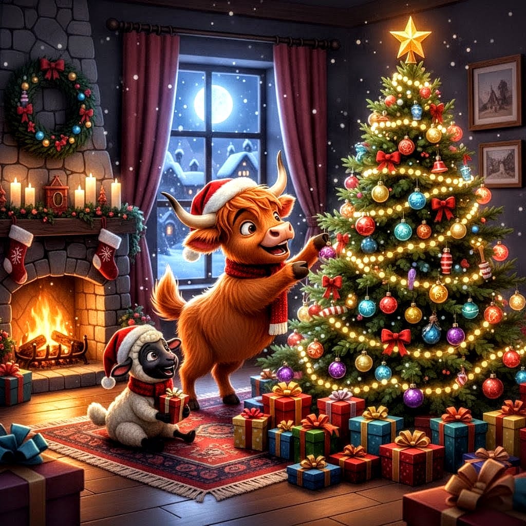 Release Paper, 24 4x4 sections, Buddy & Snowball, the Highland Cow and Sheep, Christmas Joy, with choice of Overlay