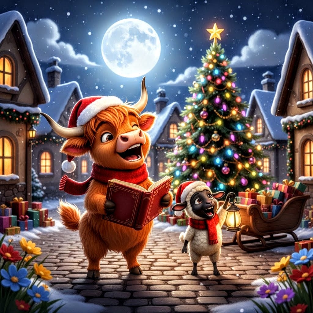 Release Paper, 24 4x4 sections, Buddy & Snowball, the Highland Cow and Sheep, Christmas Joy, with choice of Overlay