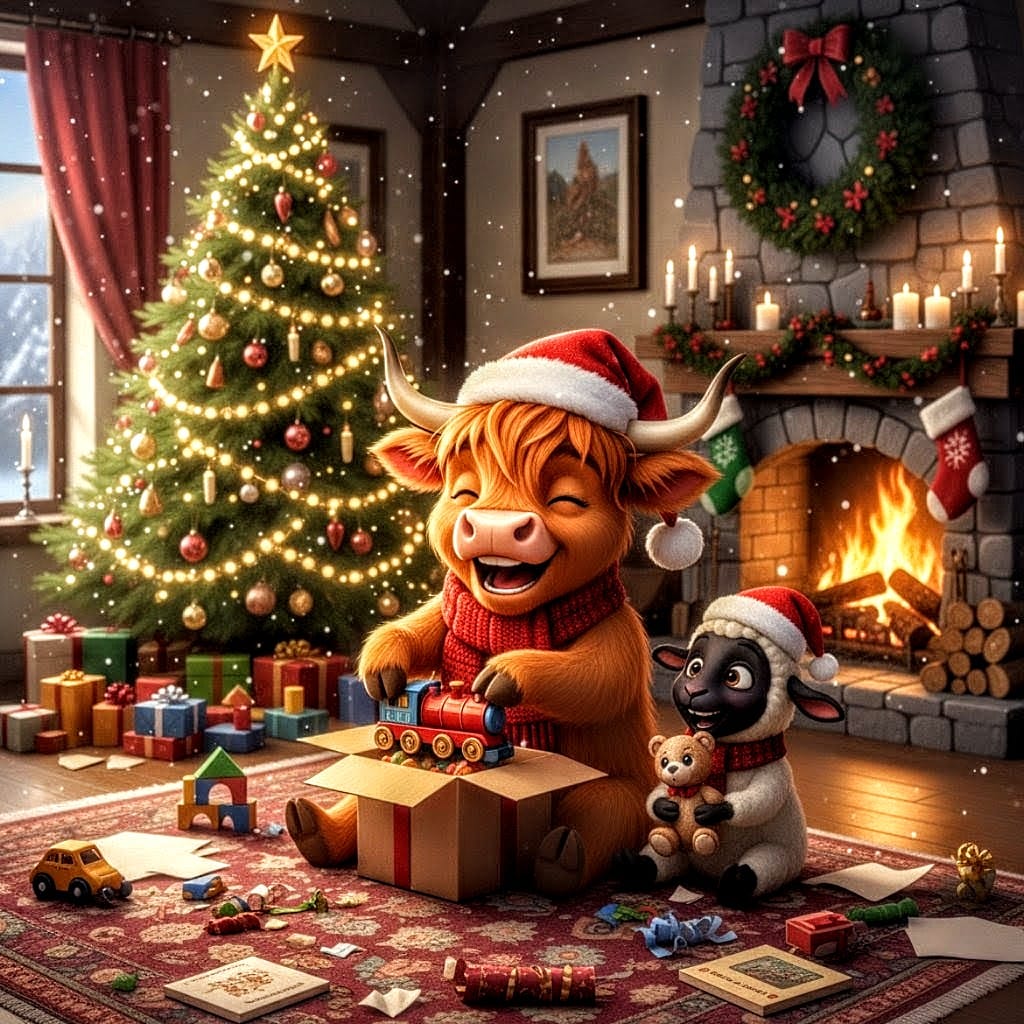 Release Paper, 24 4x4 sections, Buddy & Snowball, the Highland Cow and Sheep, Christmas Joy, with choice of Overlay