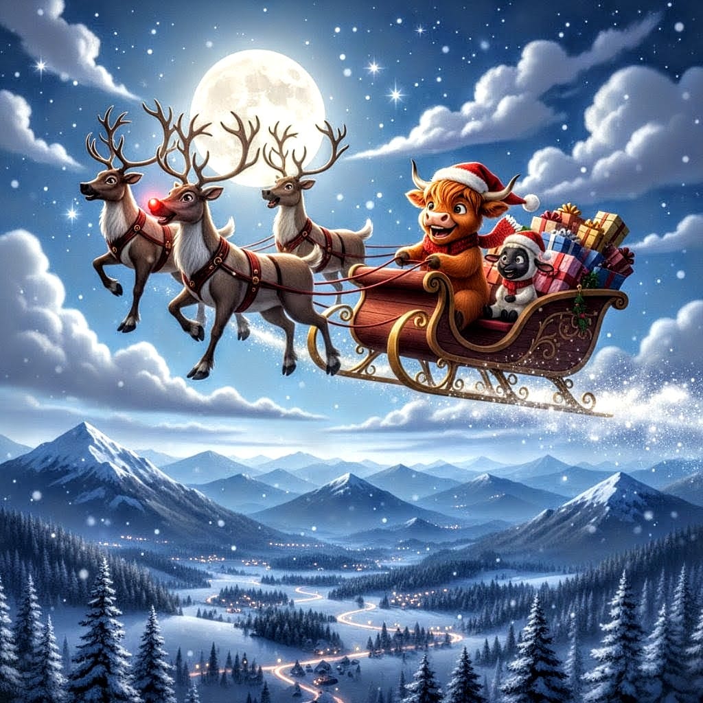 Release Paper, 24 4x4 sections, Buddy & Snowball, the Highland Cow and Sheep, Christmas Joy, with choice of Overlay