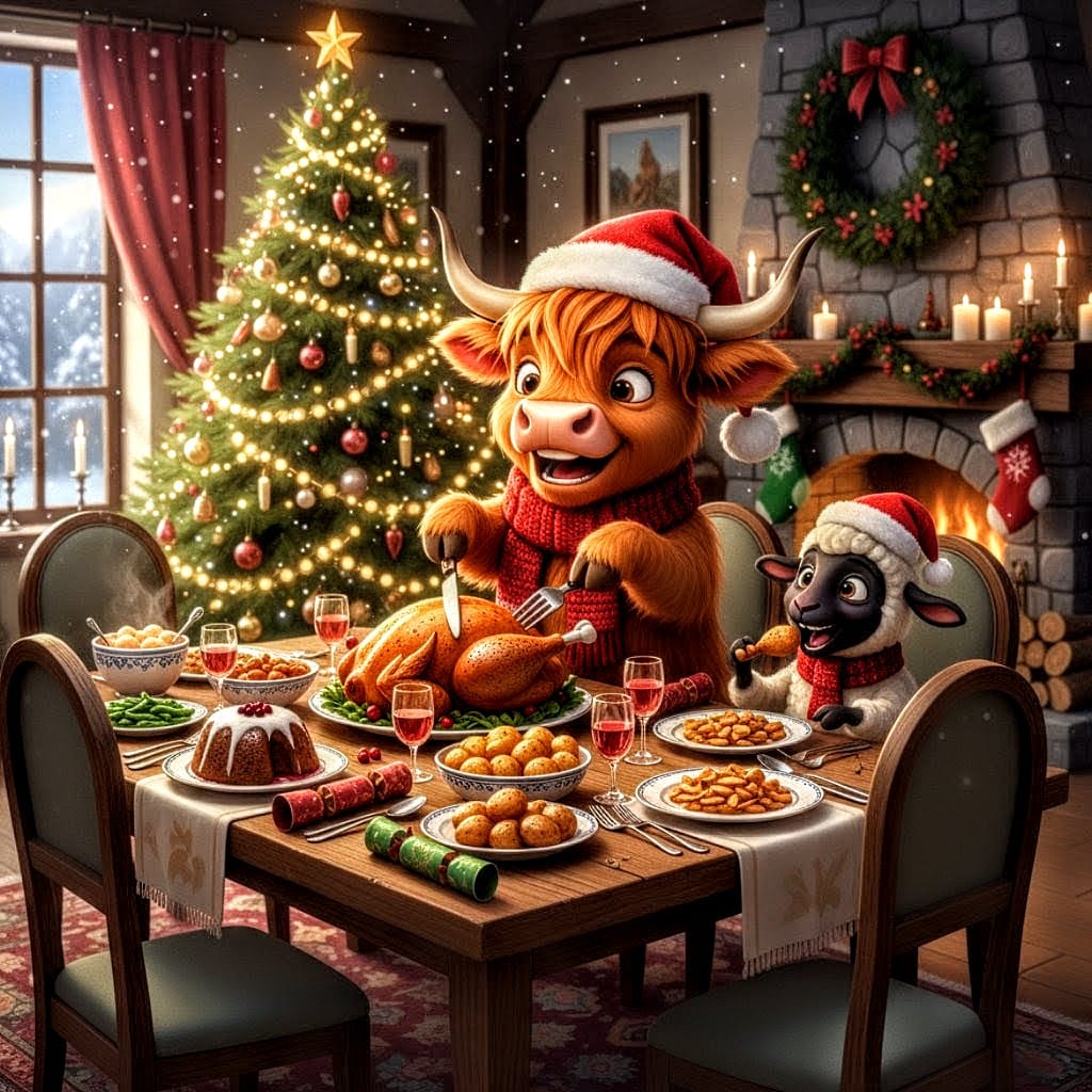 Release Paper, 24 4x4 sections, Buddy & Snowball, the Highland Cow and Sheep, Christmas Joy, with choice of Overlay