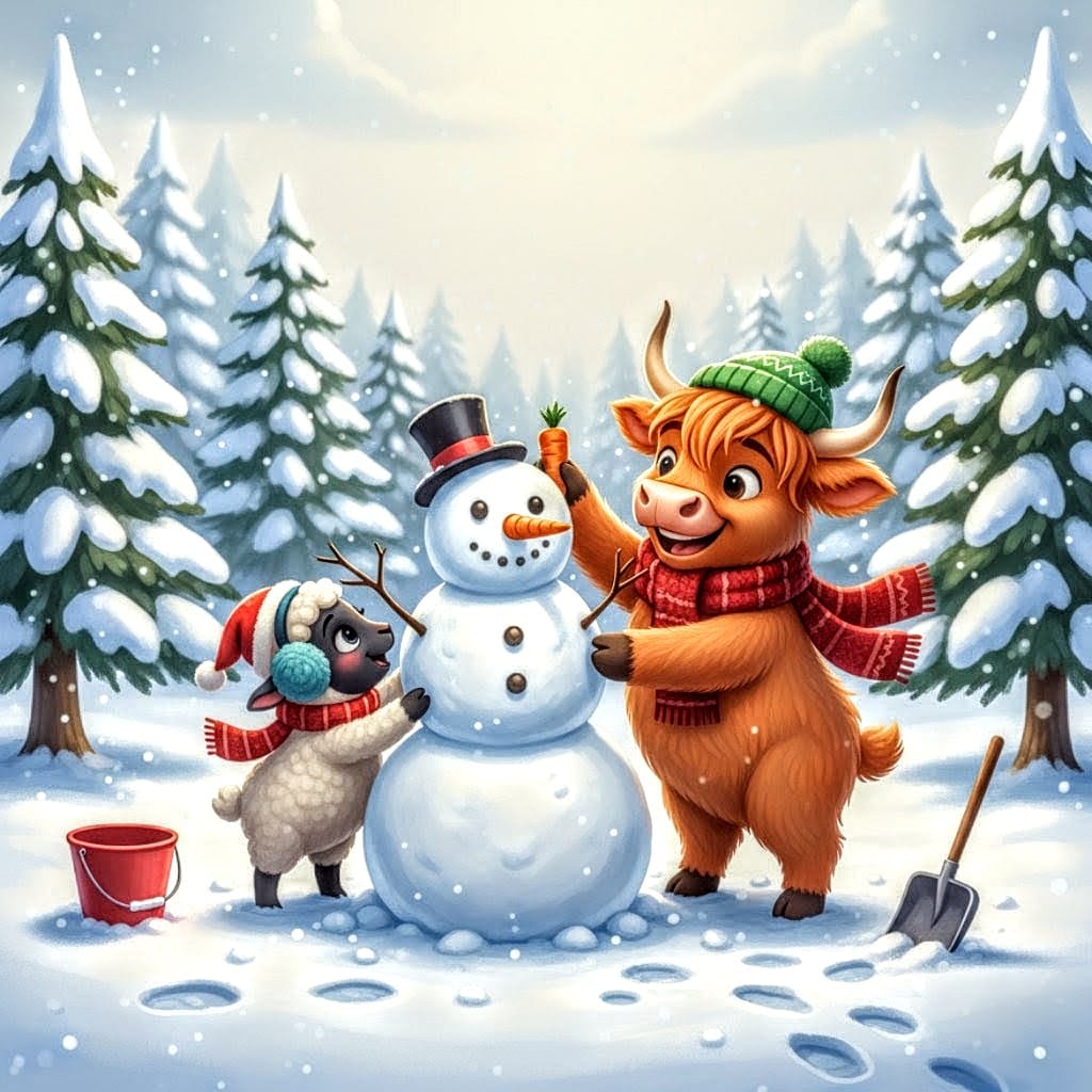 Release Paper, 24 4x4 sections, Buddy & Snowball, the Highland Cow and Sheep, Christmas Joy, with choice of Overlay